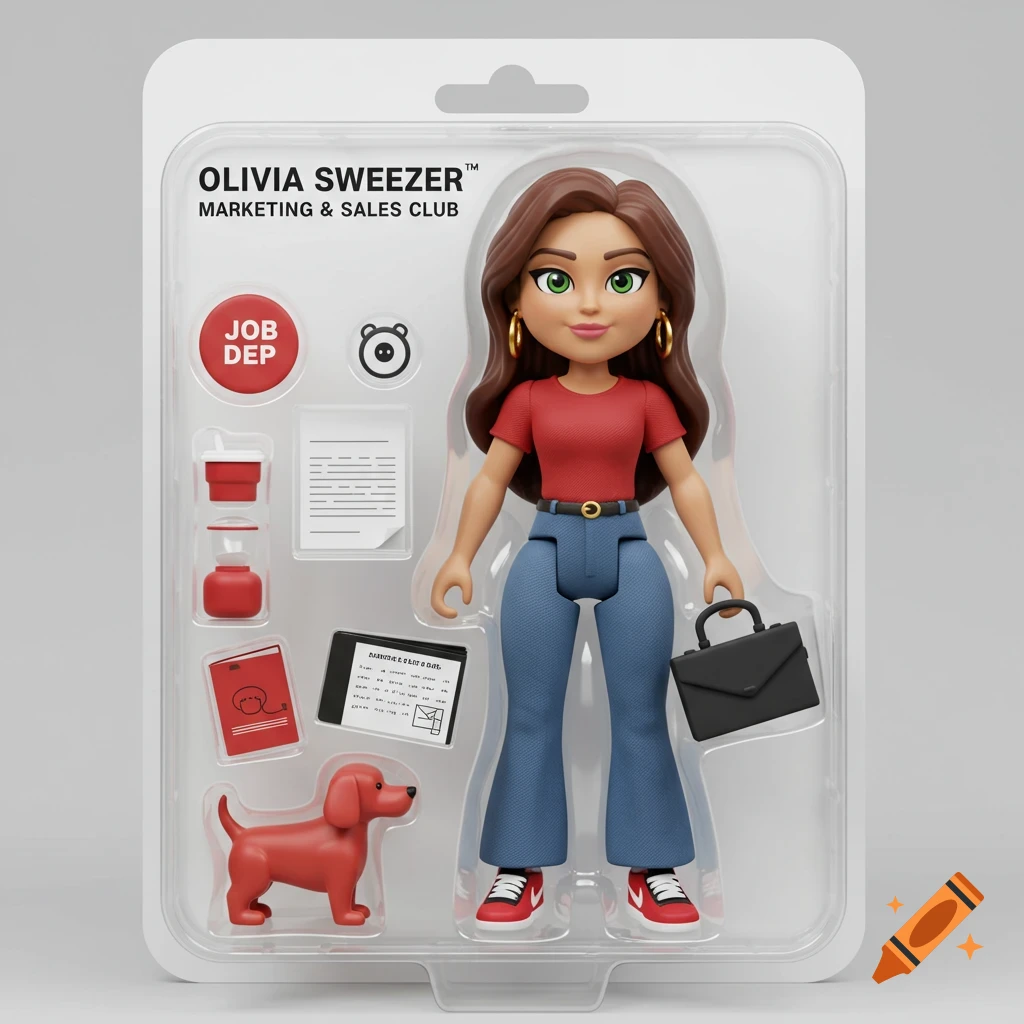 3D rendered action figure in packaging with accessories.