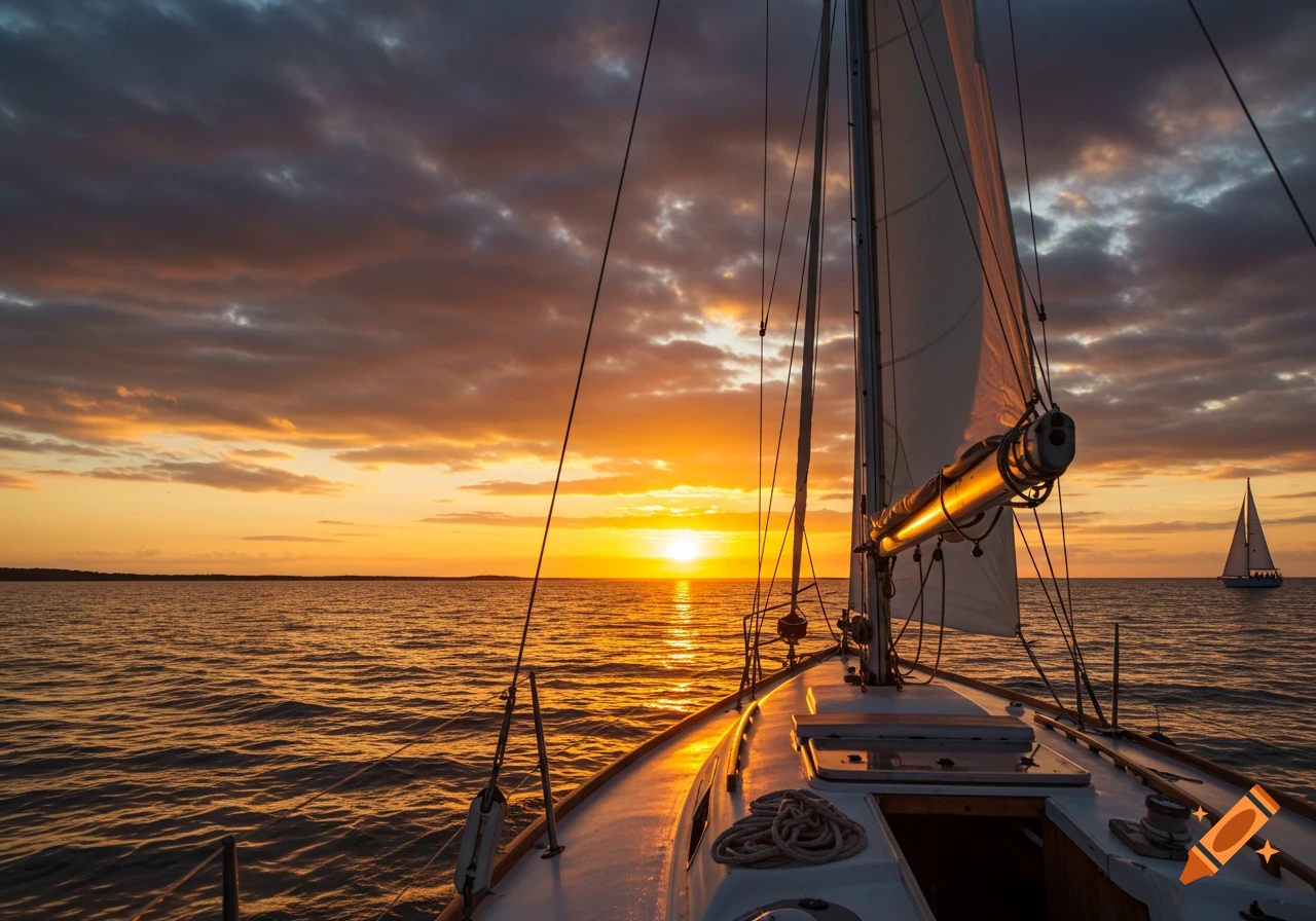 View from a sailboat at sunset on the sea, with another sailboat in the distance.