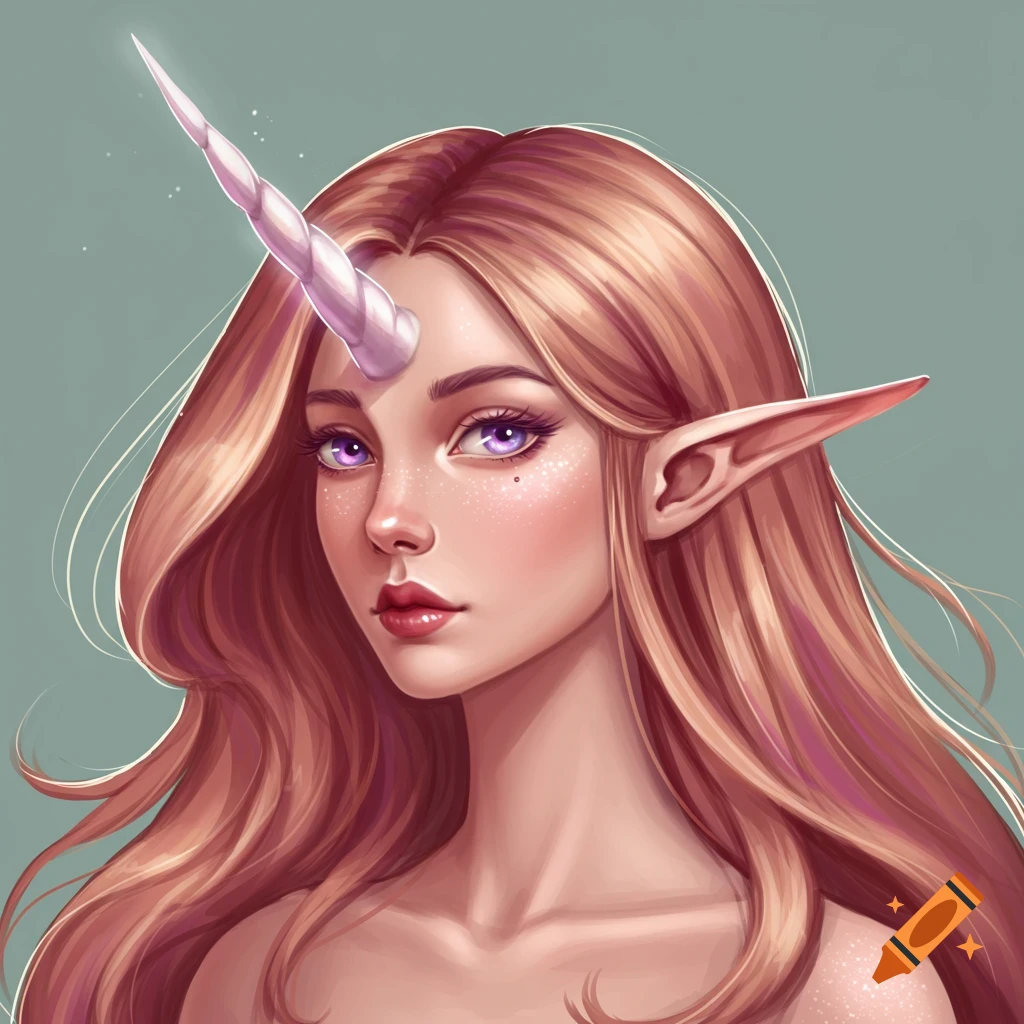 A fantasy woman with long hair, purple eyes, a unicorn horn, and elf ears.
