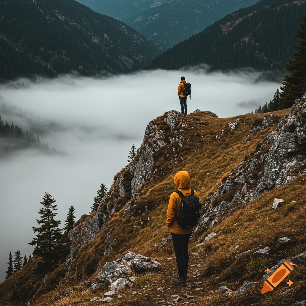 Two hikers overlook a foggy mountain valley. One stands on a peak, the other on the path below.