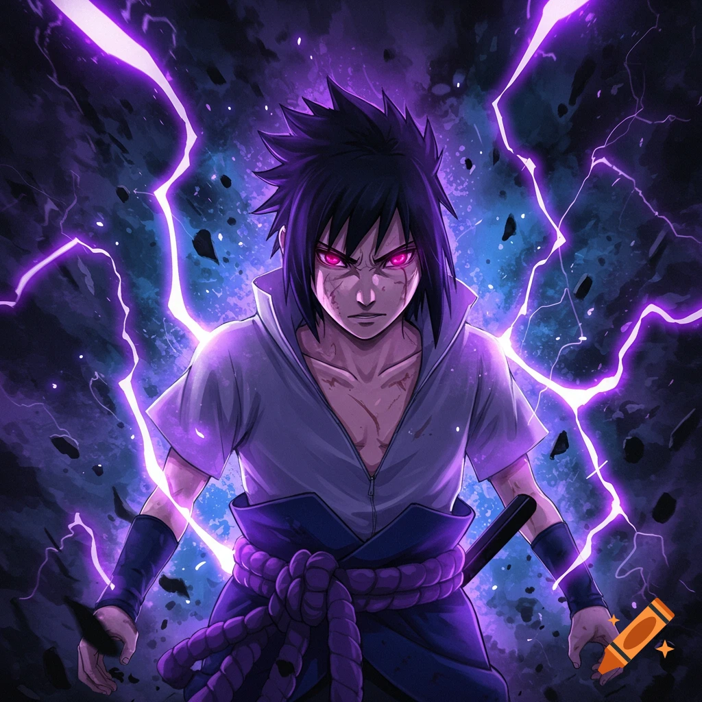 Sasuke Uchiha from Naruto surrounded by purple lightning with an intense expression.