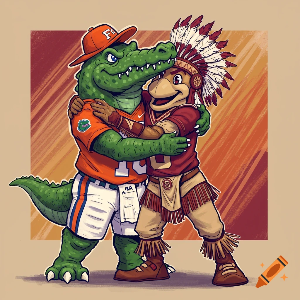 Digital illustration of a Florida Gators mascot hugging an FSU Seminoles mascot.