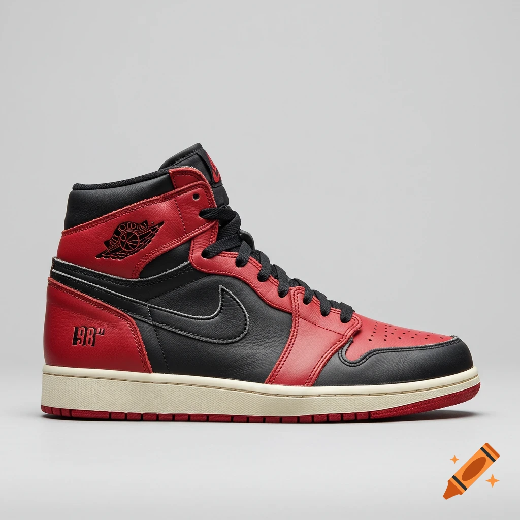 Red and black Air Jordan 1 sneaker with white sole and '198' text on the side.