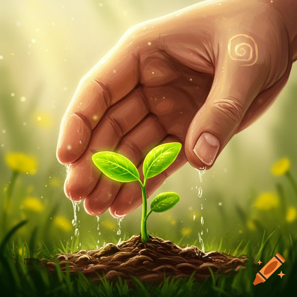 A hand gently watering a small green seedling in soil.