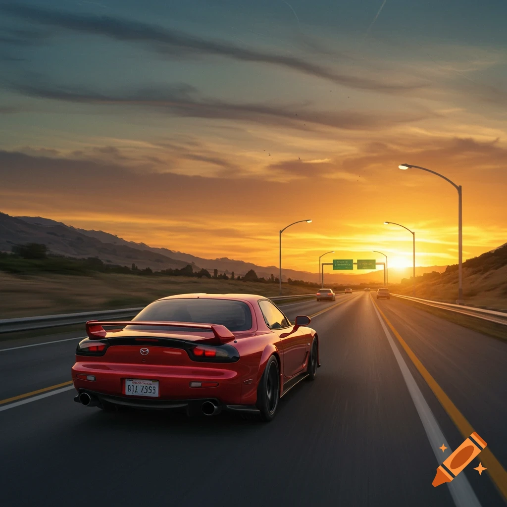 A red sports car drives down a highway into a sunset.