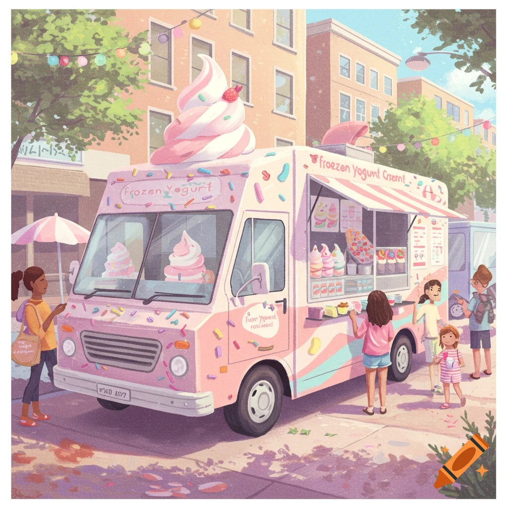 A frozen yogurt food truck is parked on a street, surrounded by people.