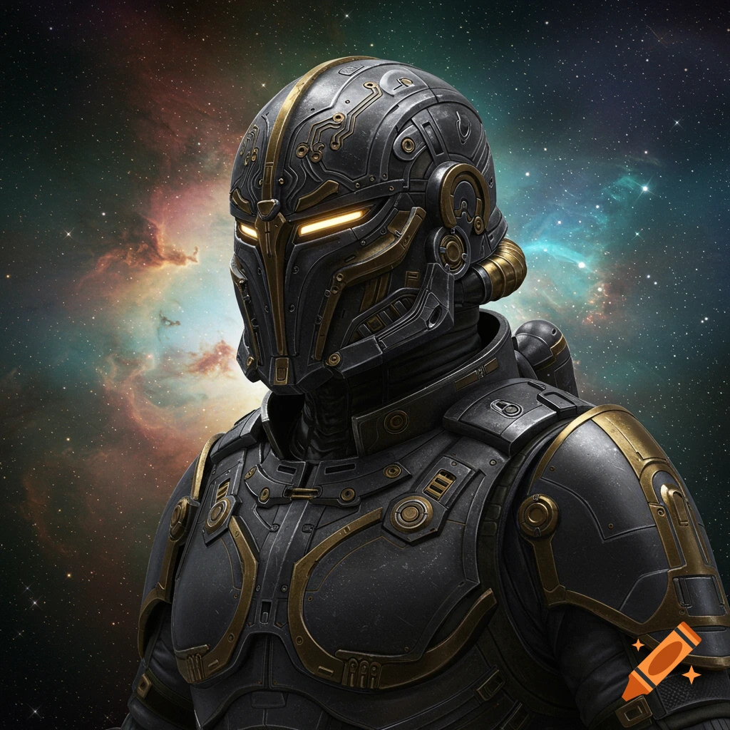 Close-up of a figure in dark sci-fi armor with gold accents against a colorful space nebula background.
