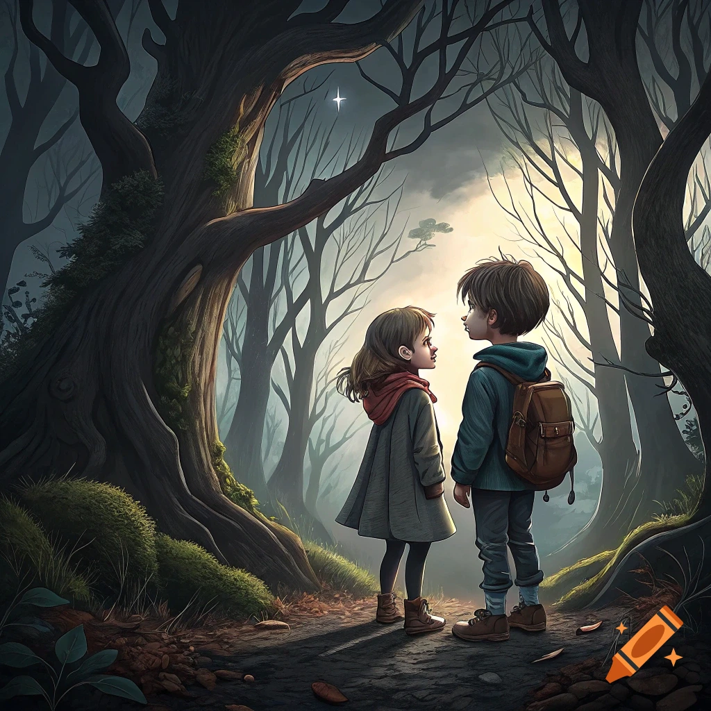 Illustration of a boy and girl on a forest path, looking at each other, with large trees and filtered light.