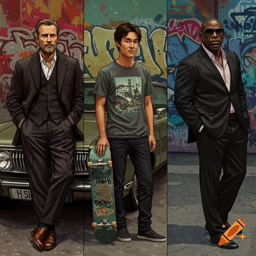 Three men stand on a street with graffiti and a car; one holds a skateboard.