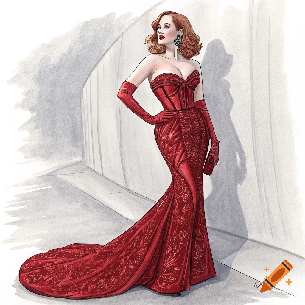 Fashion illustration of a woman in a red strapless gown and long gloves.