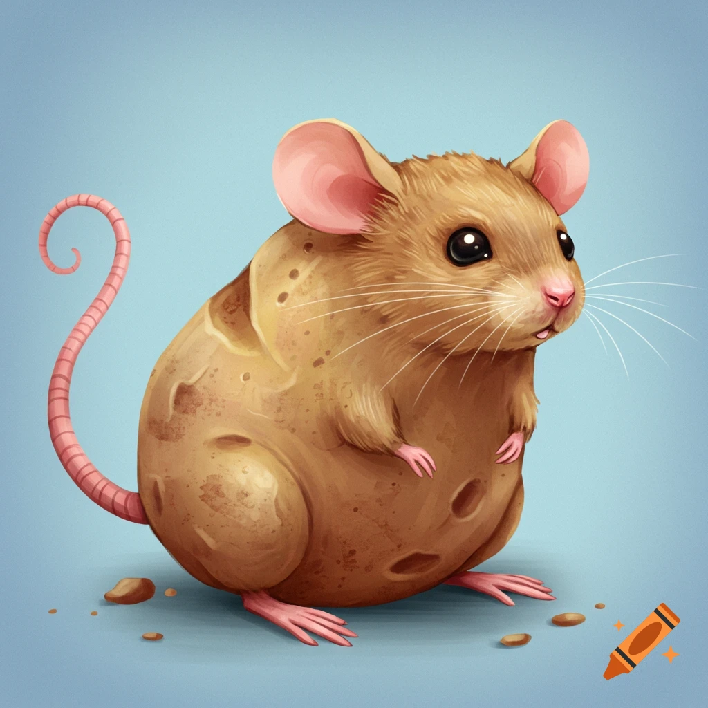 A cute mouse made of potato sits on a blue background.