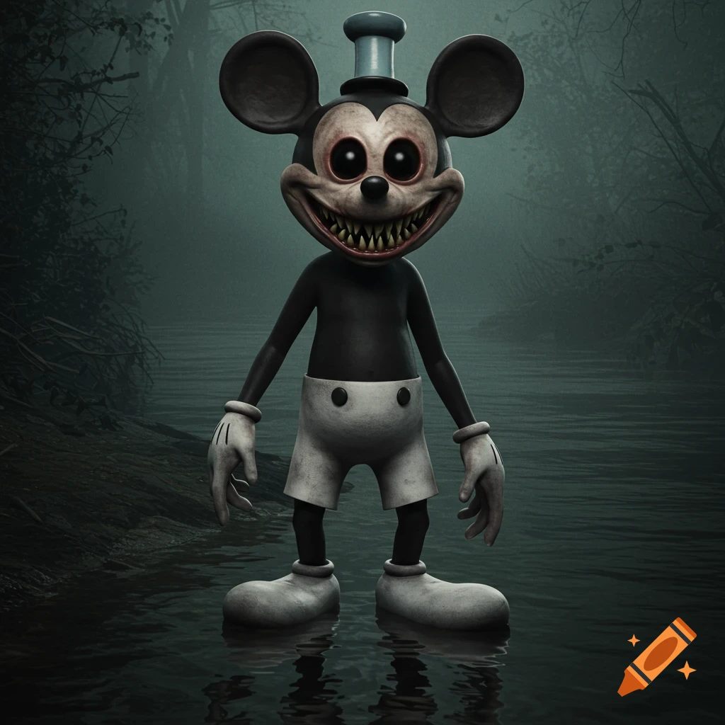 A creepy, hyperrealistic version of a cartoon character with sharp teeth and big eyes stands in dark water.