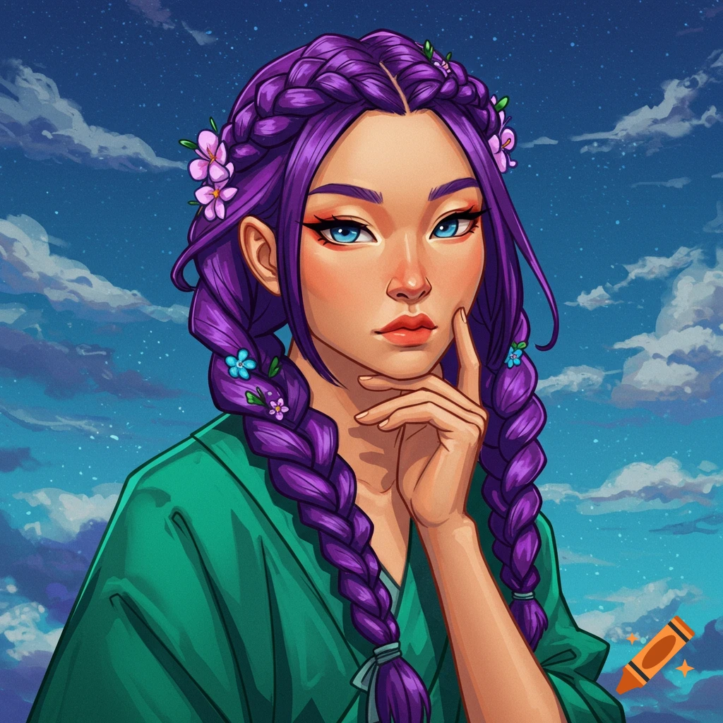 Painting of a woman with purple braided hair adorned with flowers against a starry sky.