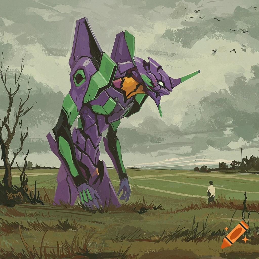 A giant purple and green mecha stands in a grassy field with a person in the distance.
