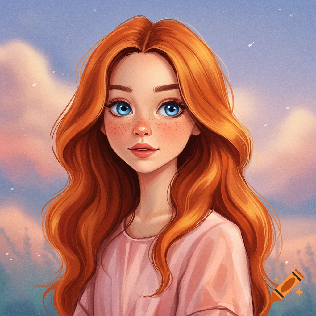 A girl with long red hair and blue eyes stands against a cloudy sky.