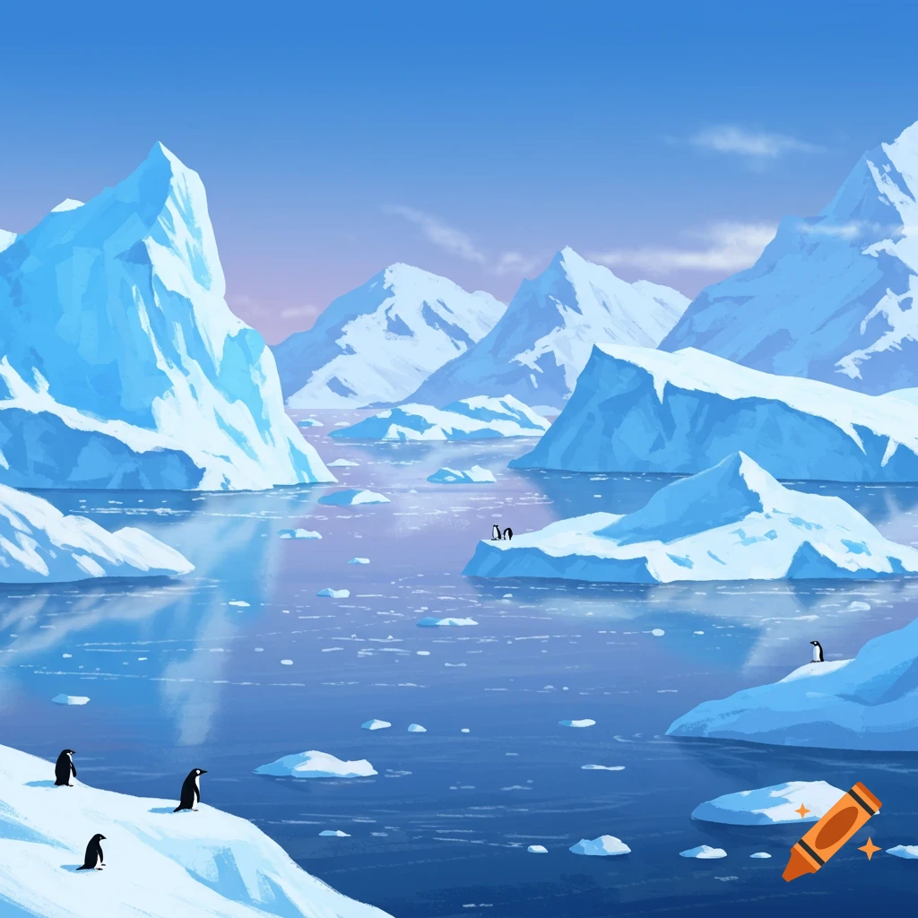 A cold Antarctic landscape with icebergs, mountains, open water, and several penguins on the ice.