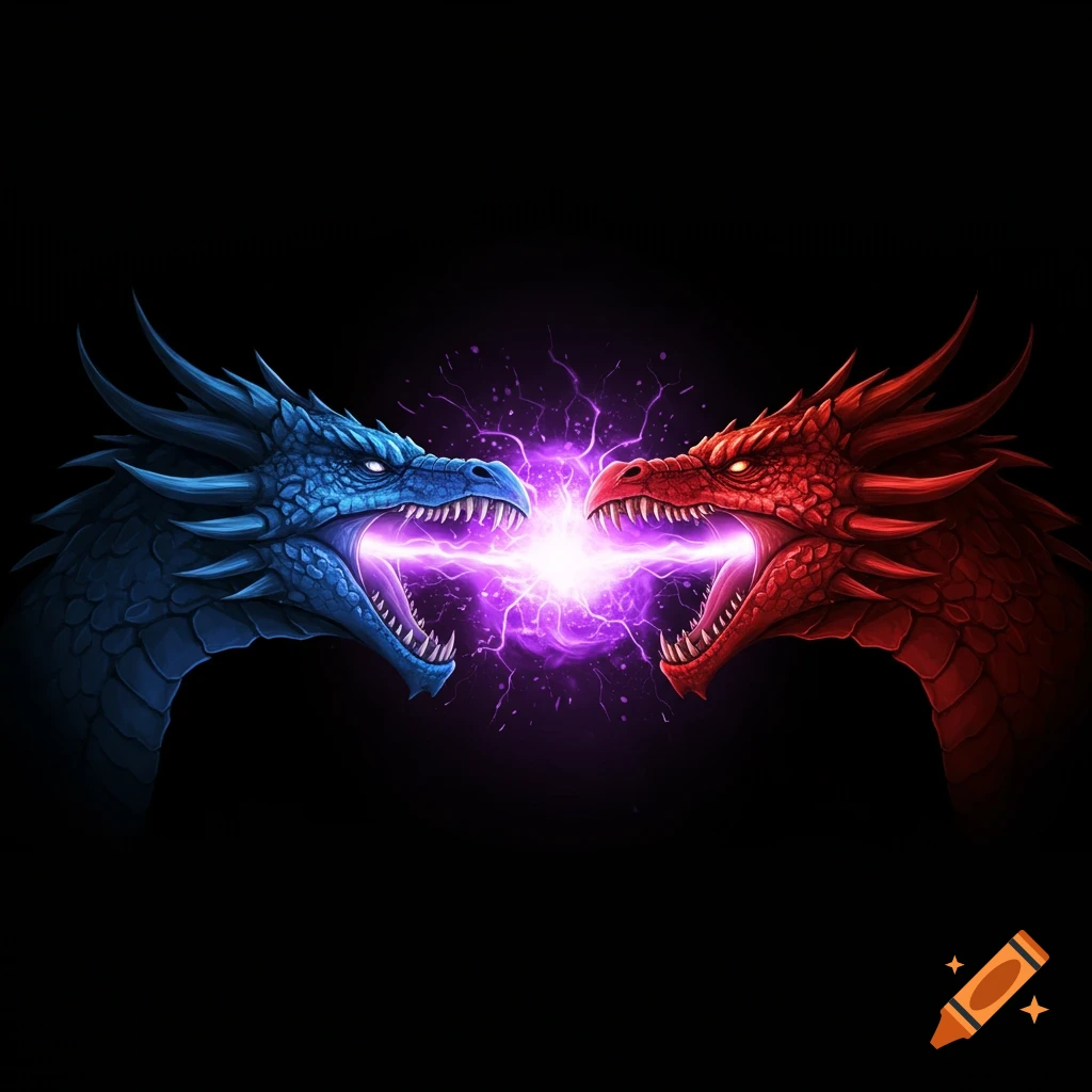 A blue dragon and a red dragon facing each other, emitting purple energy that clashes between them.