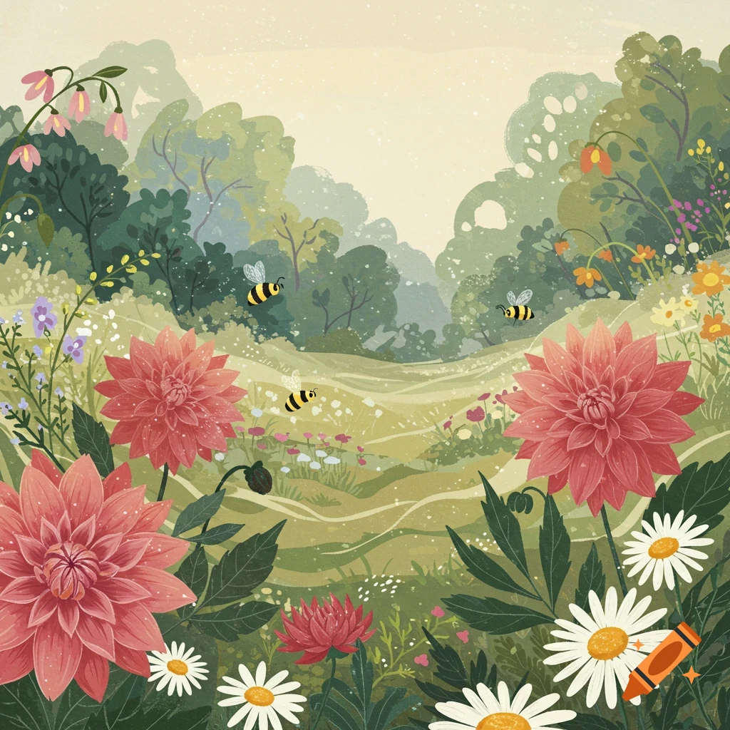 A whimsical illustration of a meadow with vibrant dahlias, daisies, and buzzing bees, set against a dreamy forest backdrop.