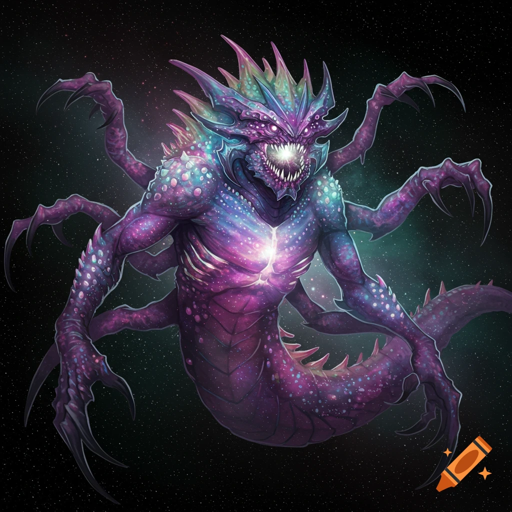 A detailed image of a purple and teal cosmic monster with multiple limbs and a glowing chest in space.