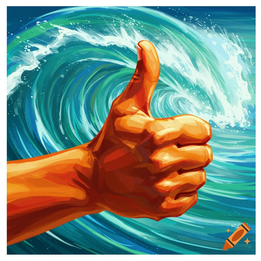 A hand gives a thumbs up in front of a large blue and green wave.