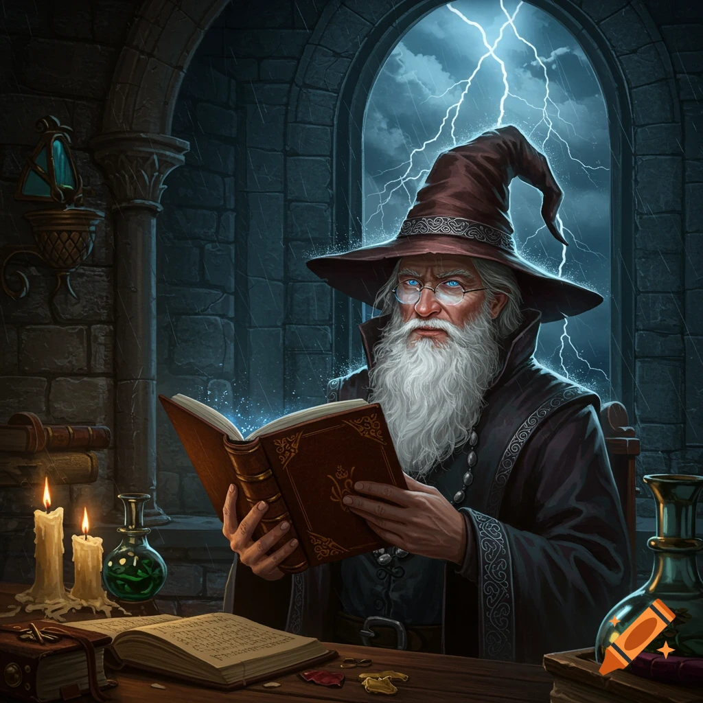 An old wizard with a long white beard reading a glowing book by candlelight during a thunderstorm.
