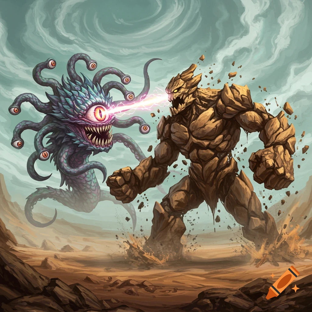 A beholder monster firing a laser eye beam at an earth elemental in a desert.