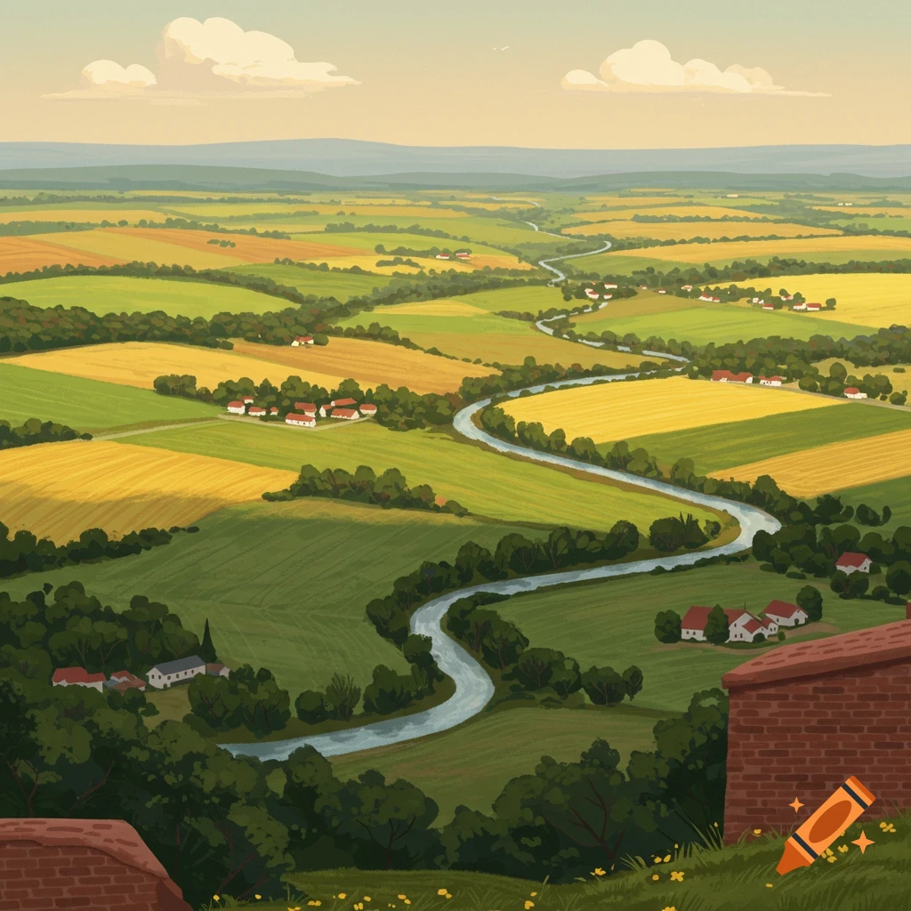 A sprawling rural landscape with patchwork fields, a winding river, and scattered houses under a cloudy sky.