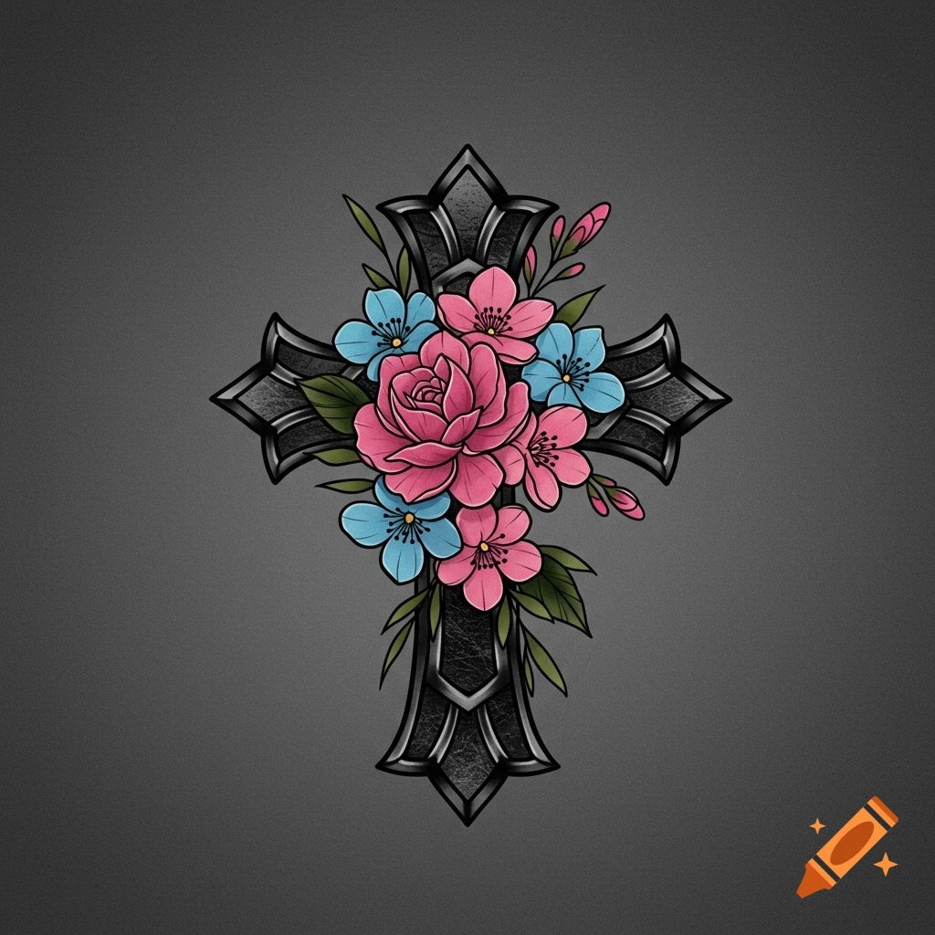A dark ornamental cross decorated with a pink rose, blue flowers, and pink flowers in a digital illustration style.