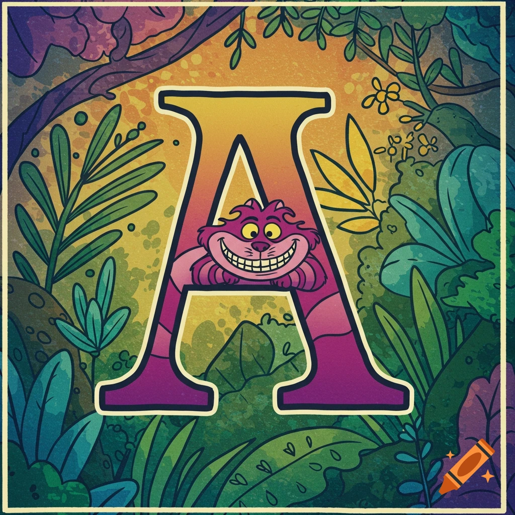 Stylized illustration of the letter A with the Cheshire Cat inside, surrounded by colorful jungle foliage.