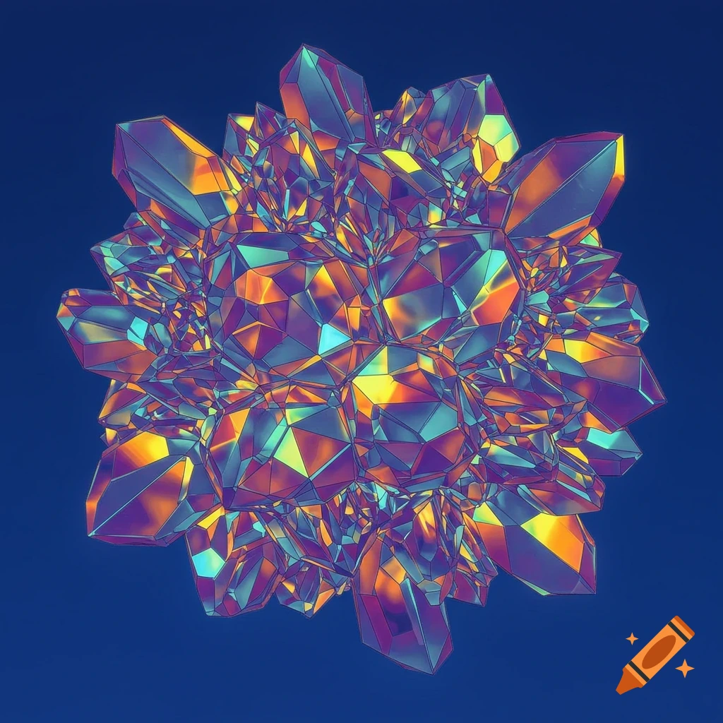 A multifaceted crystal shape with iridescent colors on a blue background.