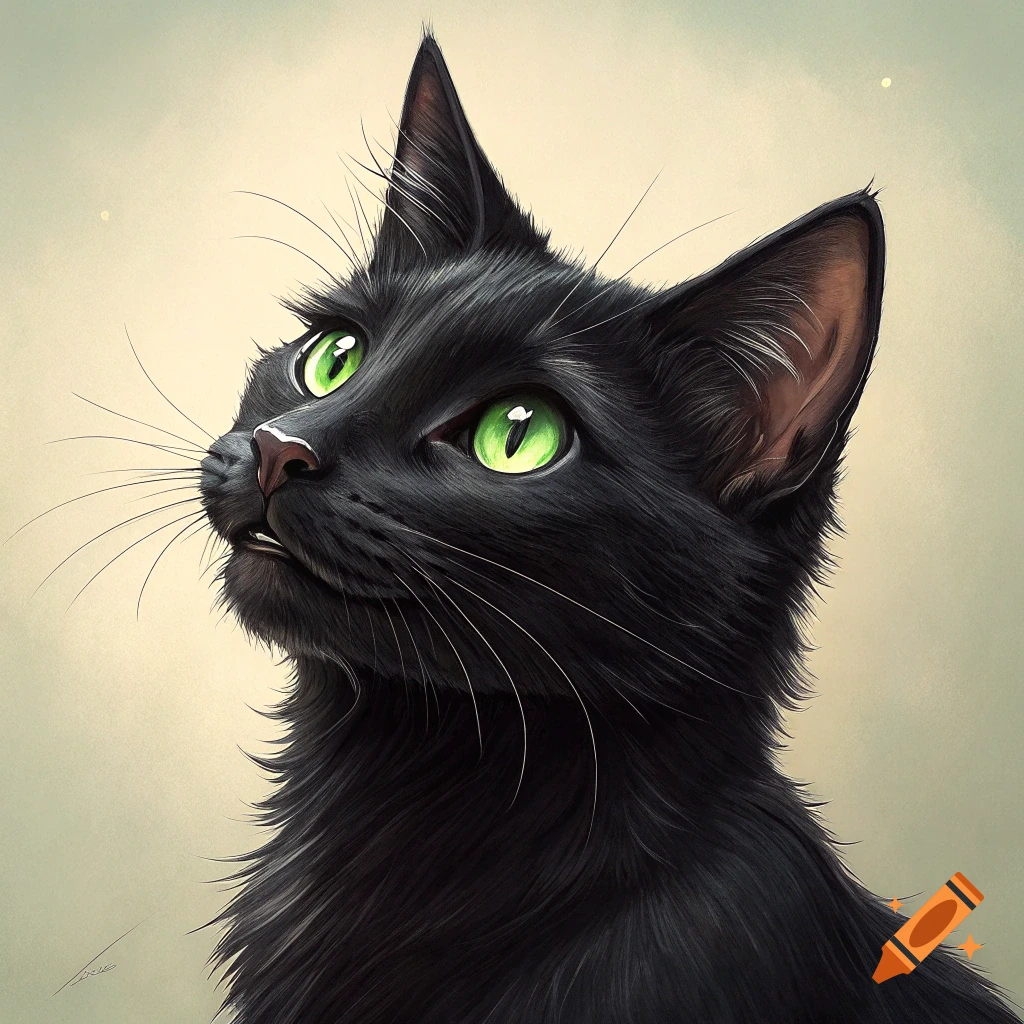 Close-up illustration of a black cat with bright green eyes looking upwards