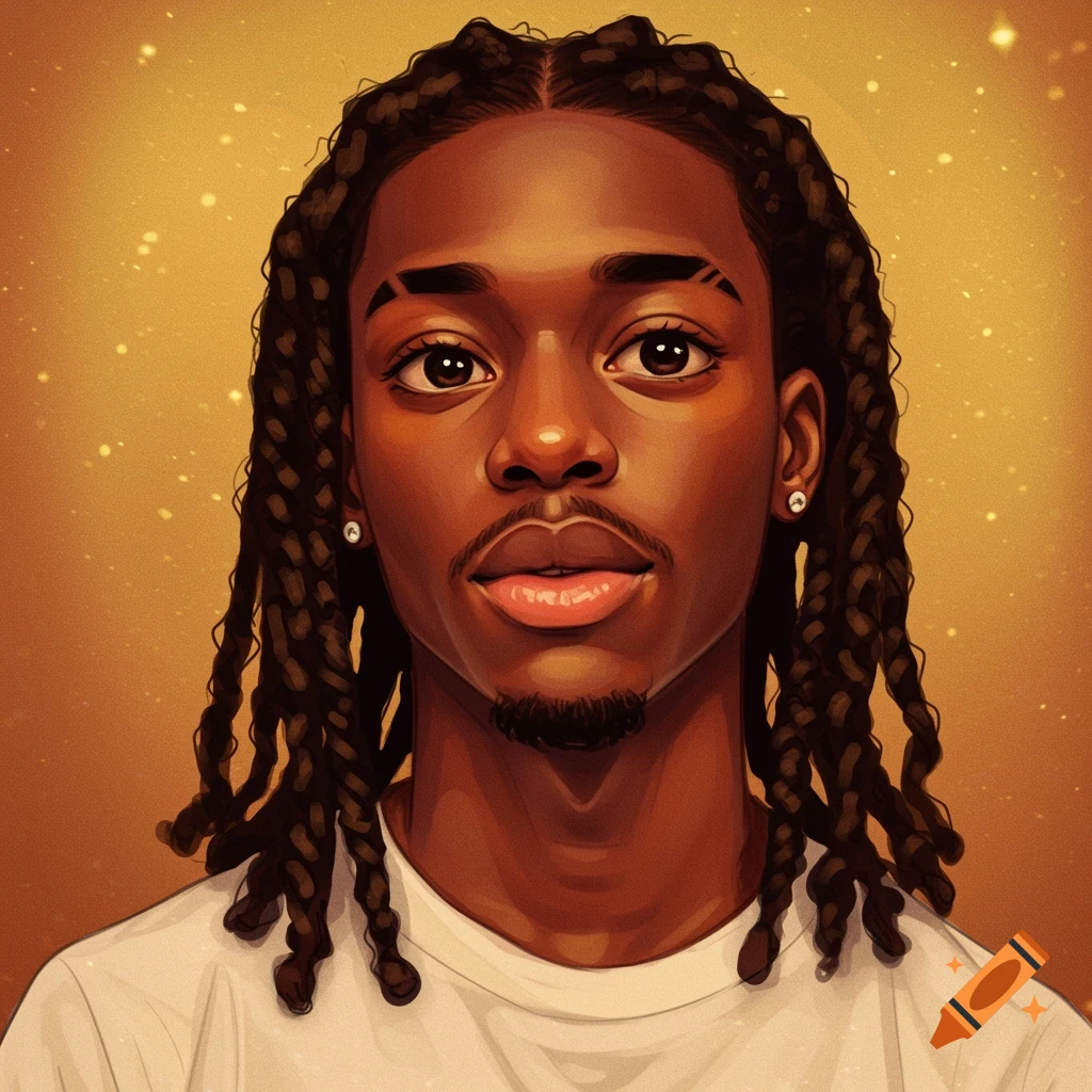 A young Black man with braids against a golden background.