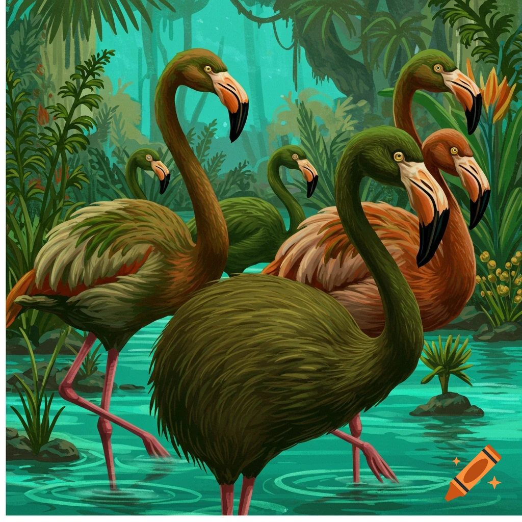 Green and orange flamingos stand in a swamp in a jungle.