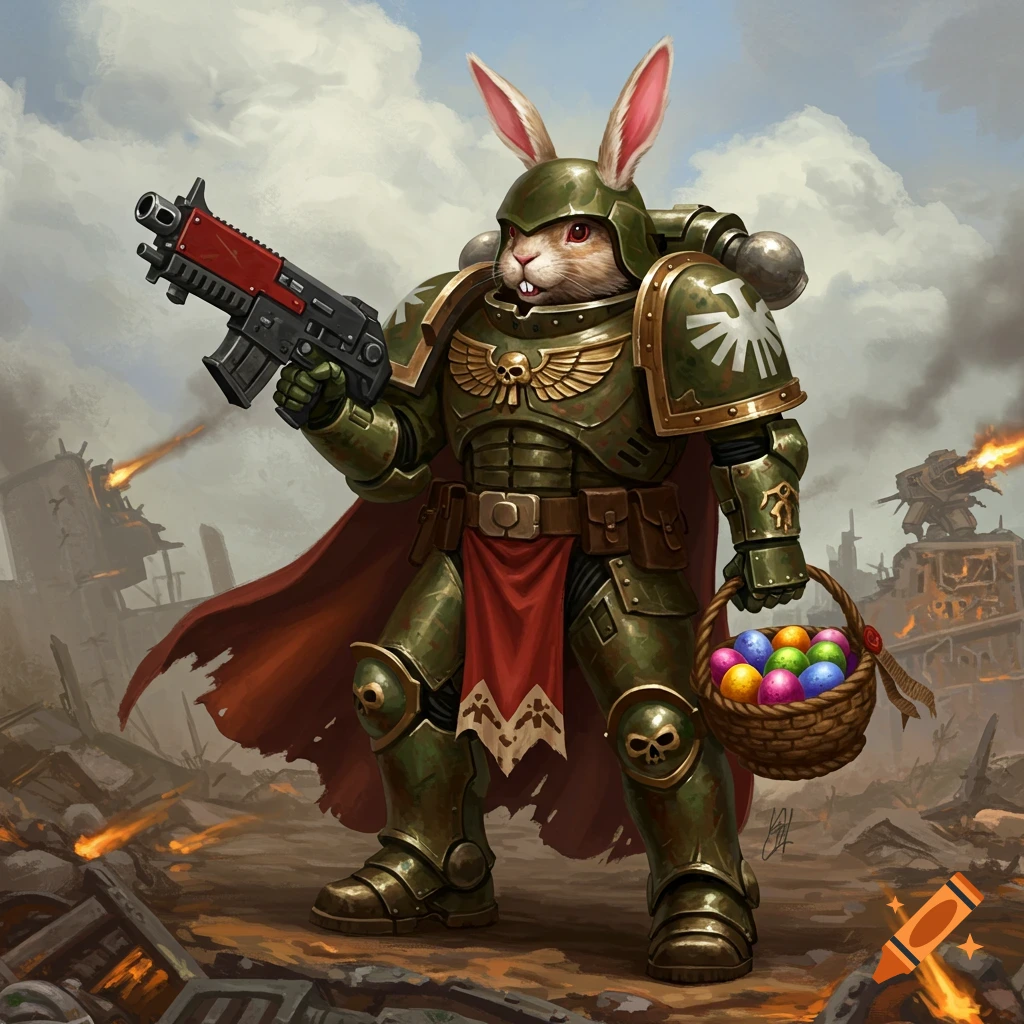 A bunny in Warhammer 40k space marine armor stands on a battlefield ...
