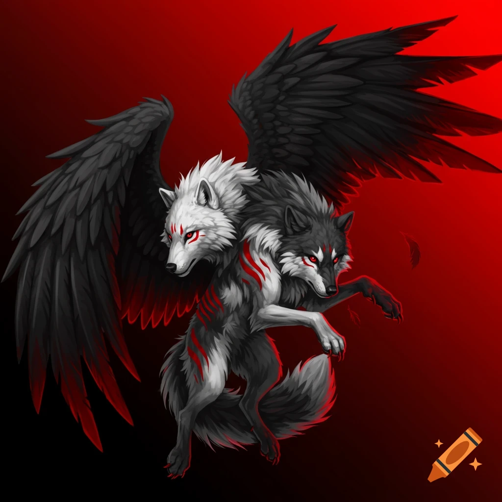 A two-headed wolf with black wings and red markings on a red background.
