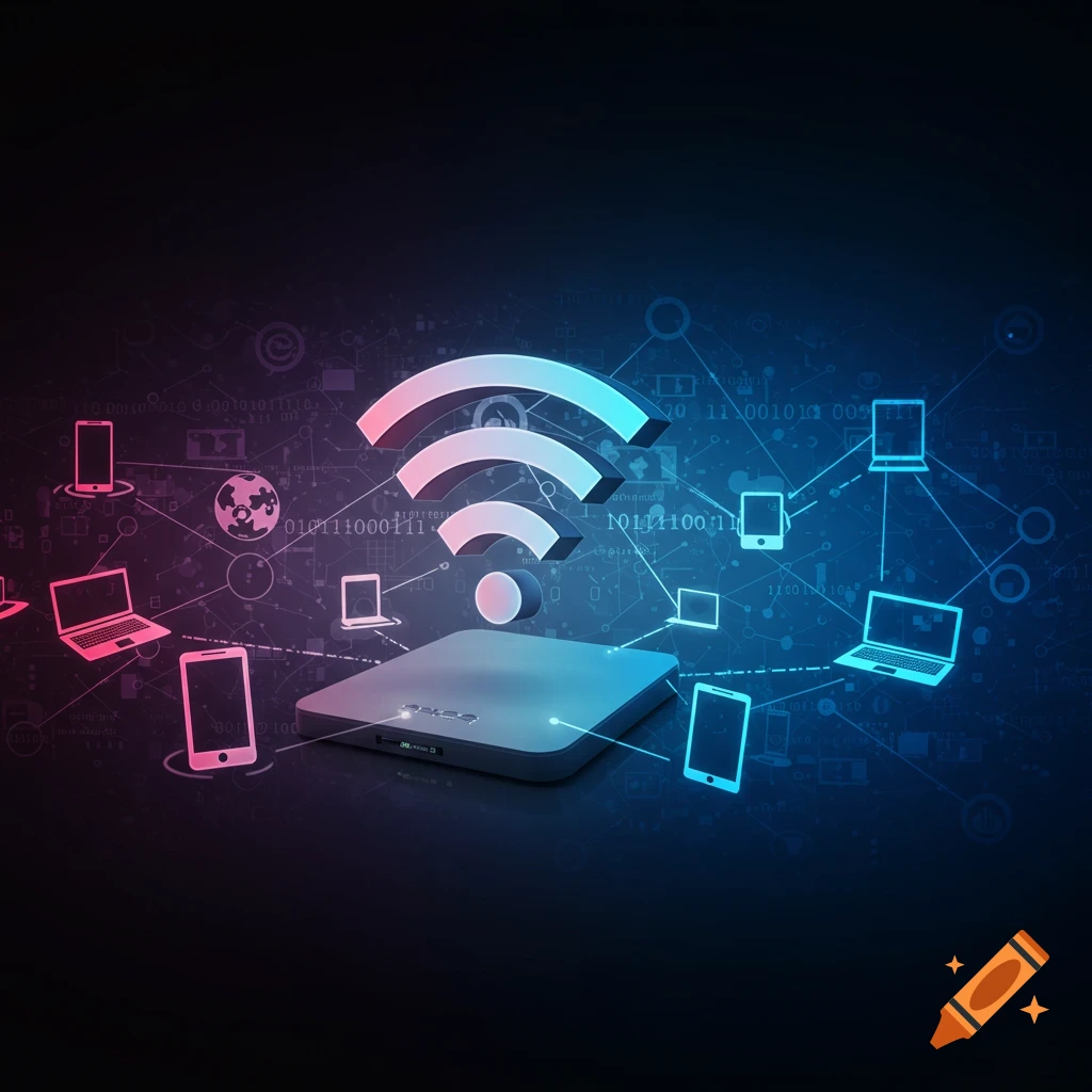 A WiFi router connecting laptops, phones, and tablets.