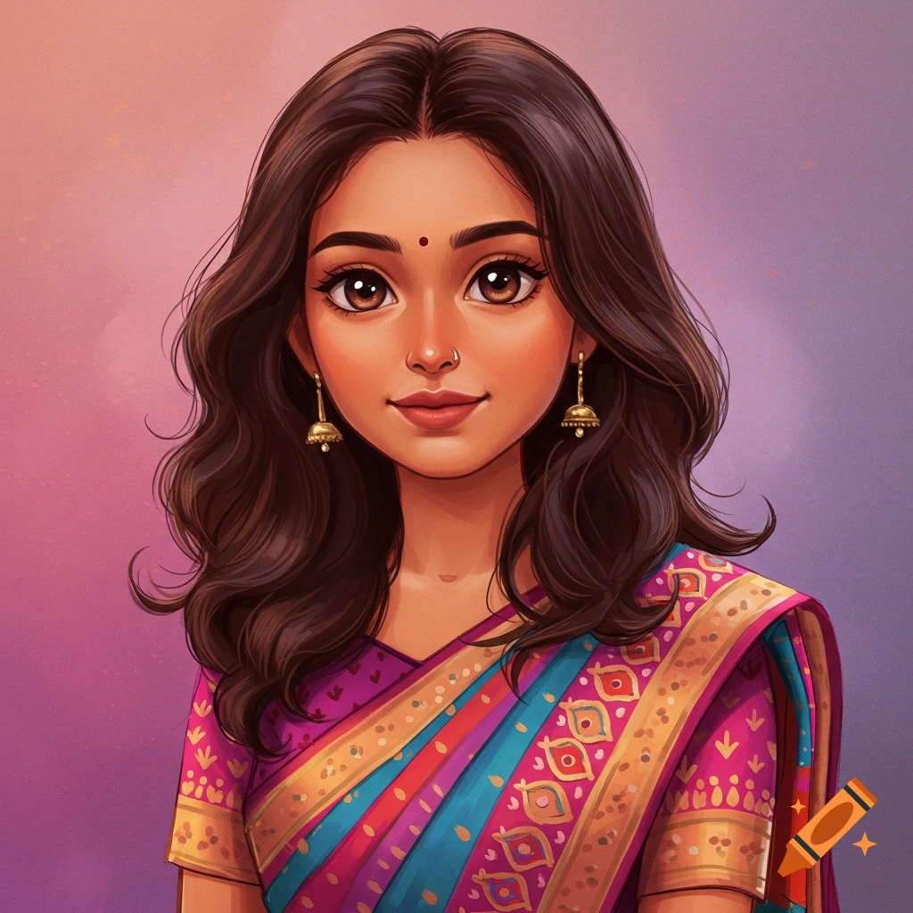 A portrait of a young Indian woman wearing a colorful sari and earrings.