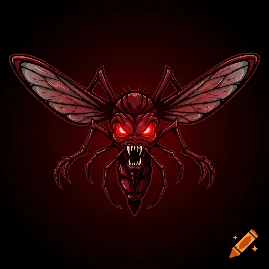 Stylized illustration of a red monster mosquito with glowing eyes and sharp teeth.