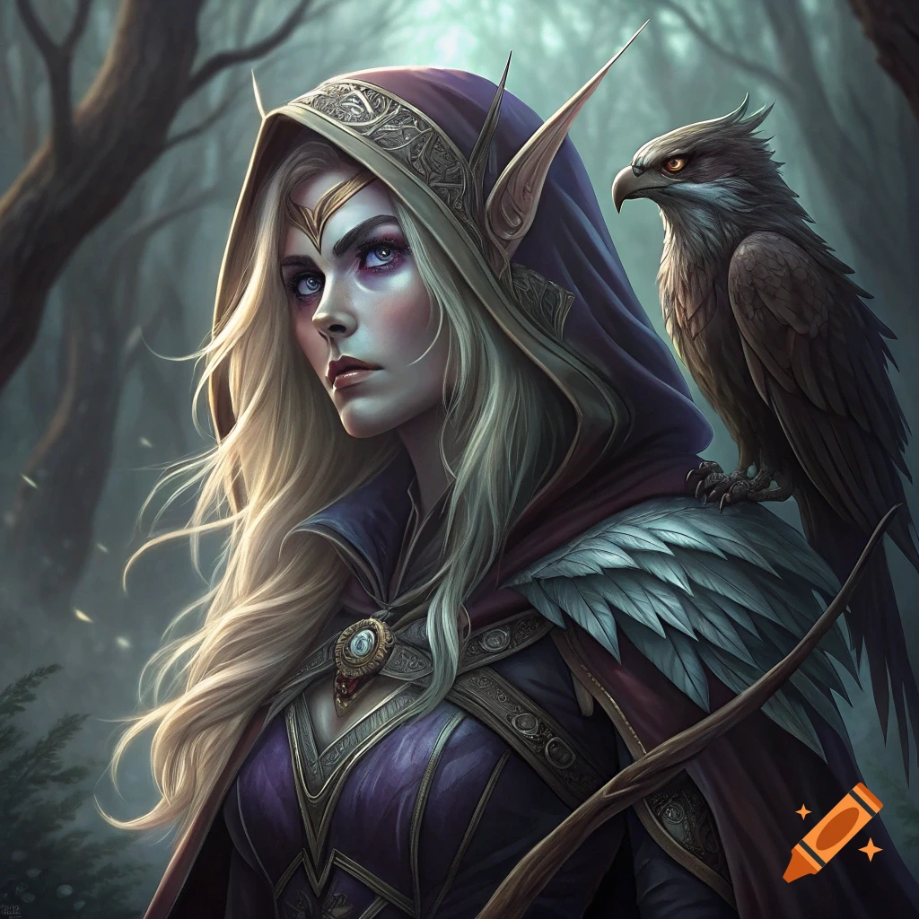 An elf character with an eagle on her shoulder in a misty forest, fantasy art.
