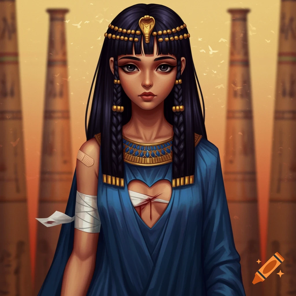 Young Egyptian girl in blue garment with bandages, standing against columns.