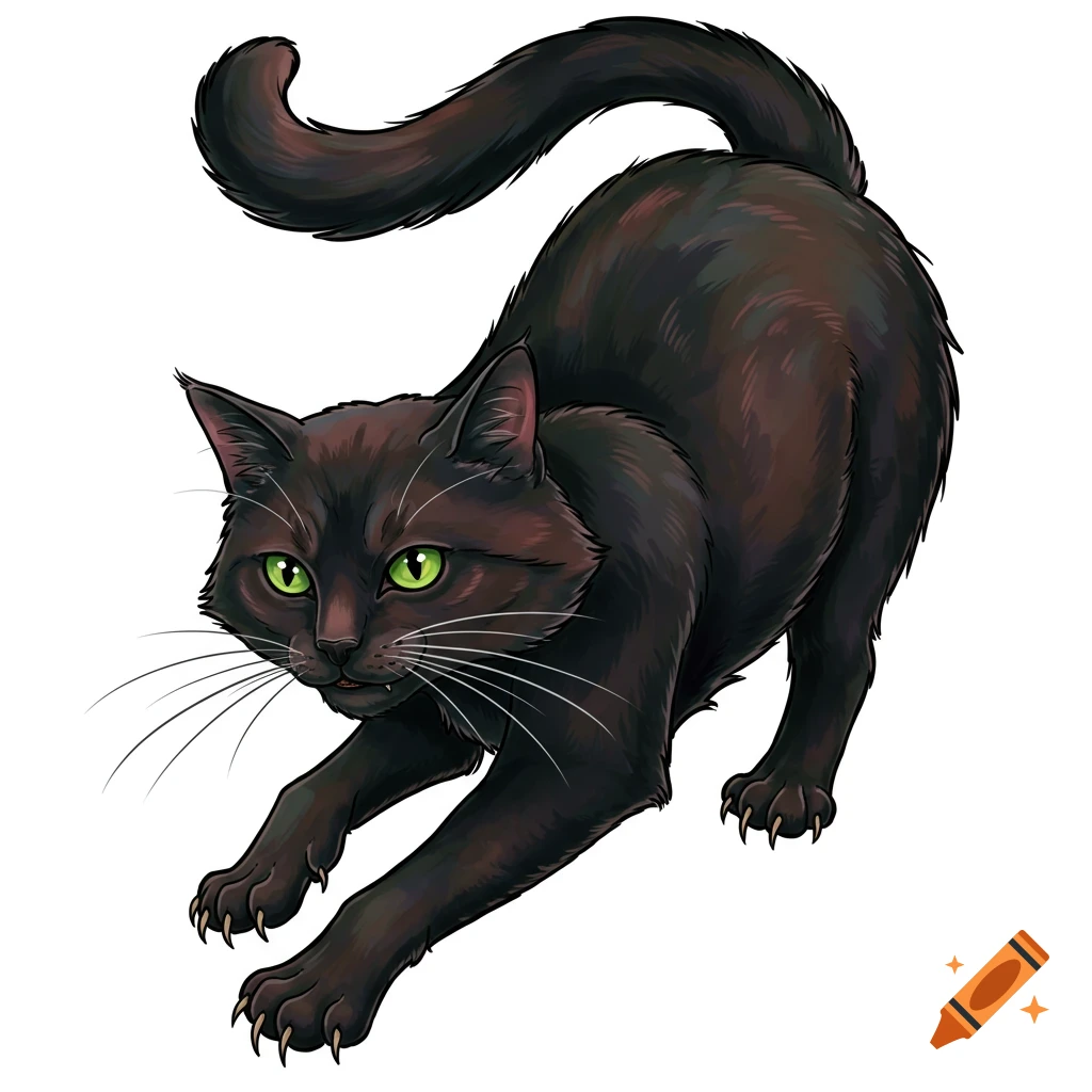 A black cat stretching with green eyes