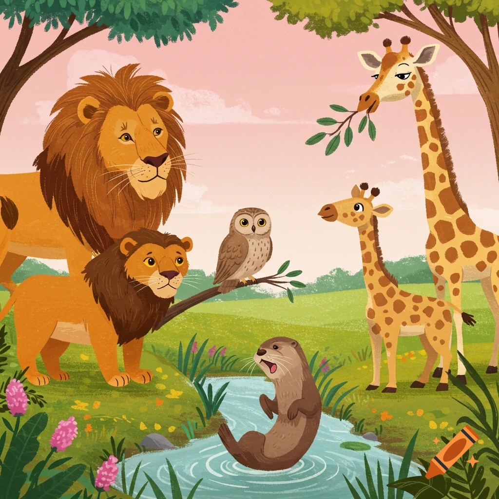 Digital illustration of various cartoon animals (lions, owl, otter, giraffes) in a sunny forest clearing by a river.