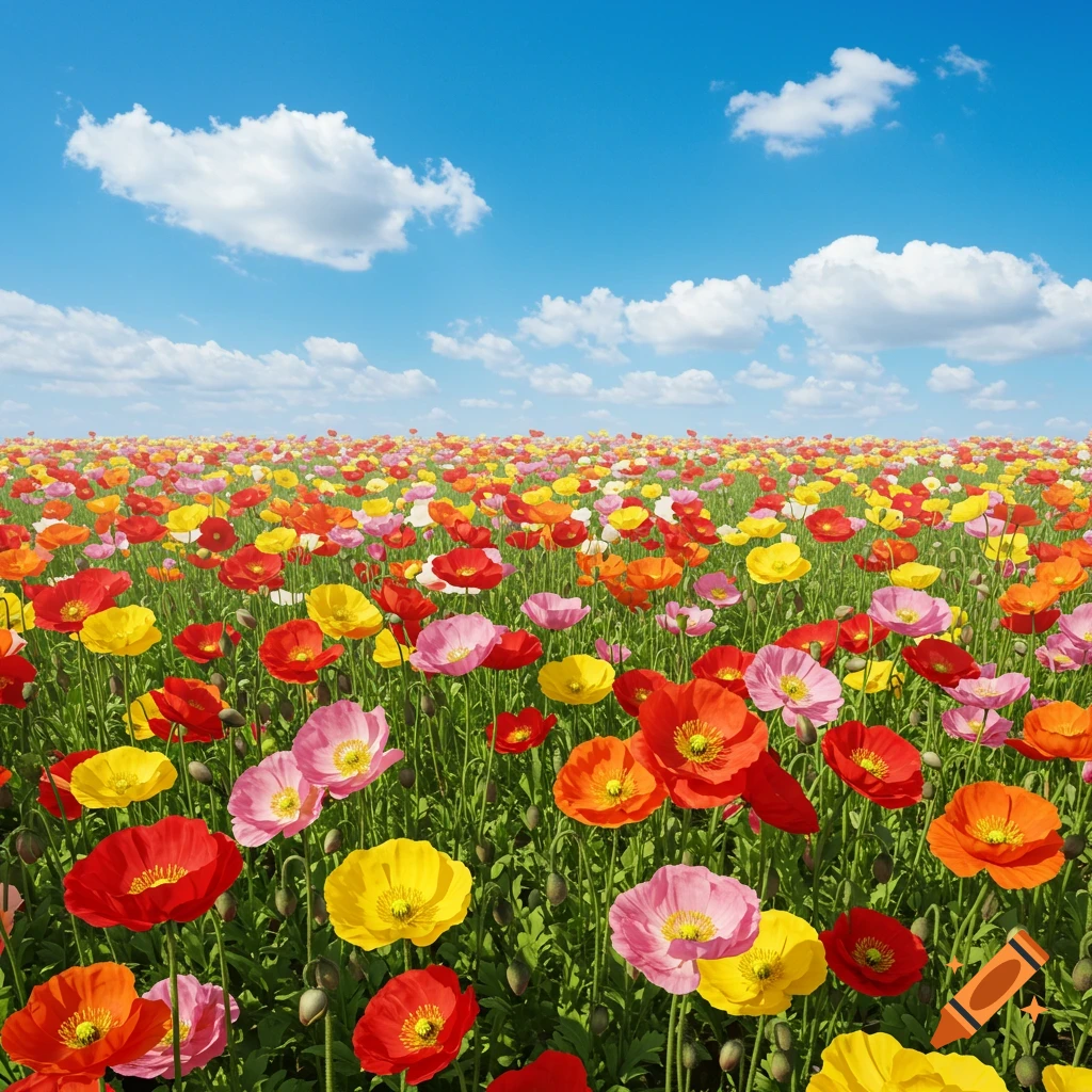 A field of red, yellow, pink, and orange poppies under a blue sky with clouds.