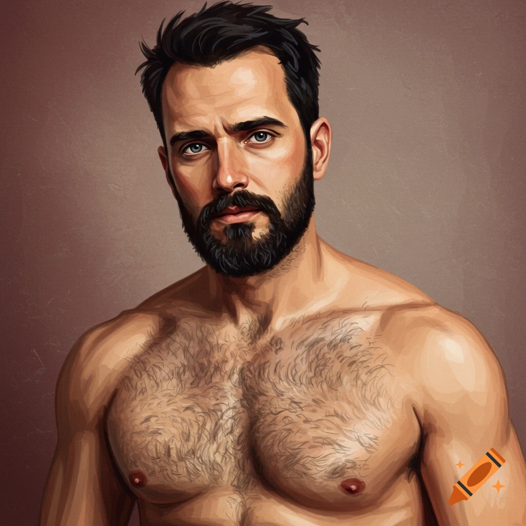A rugged man with a beard and chest hair looks intently.