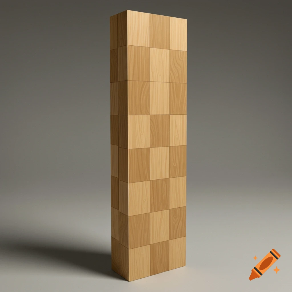 A tall vertical stack of wood blocks with alternating light and dark grain patterns.