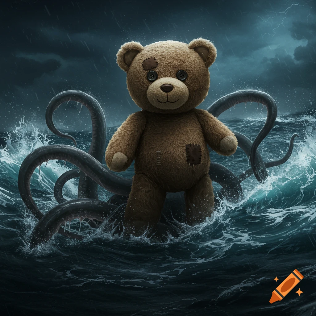 A teddy bear standing in a stormy ocean with dark tentacles rising from the water.