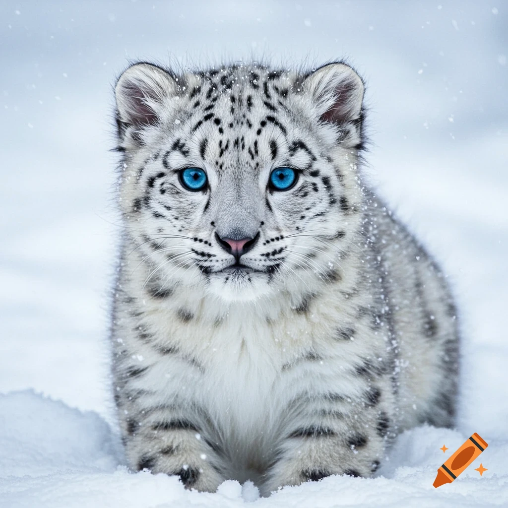 A cute snow leopard cub with bright blue eyes looks forward while sitting in snow during a snowfall.