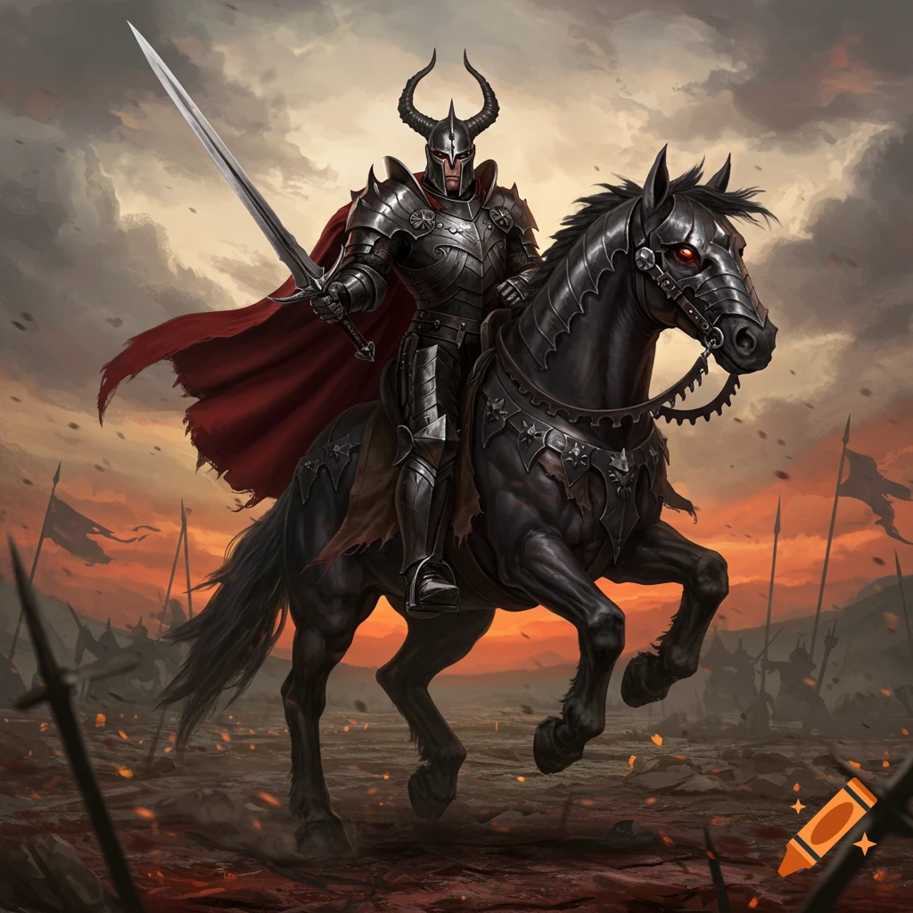 A dark fantasy knight in ornate armor with horns on a black horse, holding a sword on a smoky battlefield at sunset.