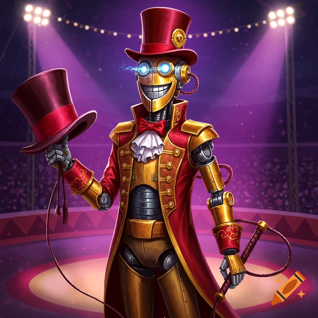 a robot ringmaster in a circus ring