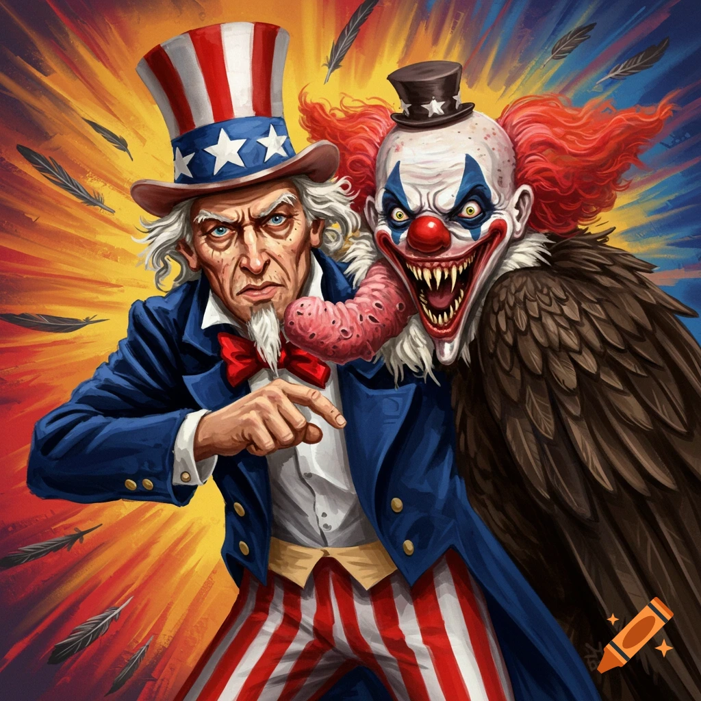 Uncle Sam pointing while a monstrous clown-vulture creature looms behind him.